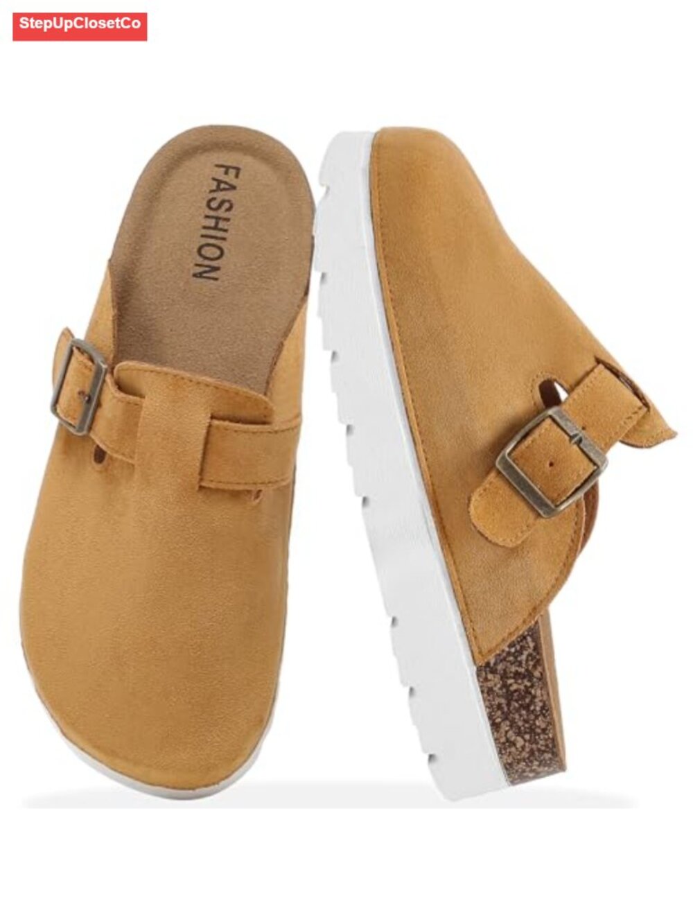 Suede Platform Clogs Women Memory Foam Mules Cork Footbed Buckle Sandals